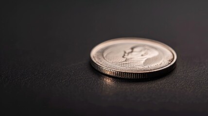 Close-up of silver coin on dark surface - obrazy, fototapety, plakaty