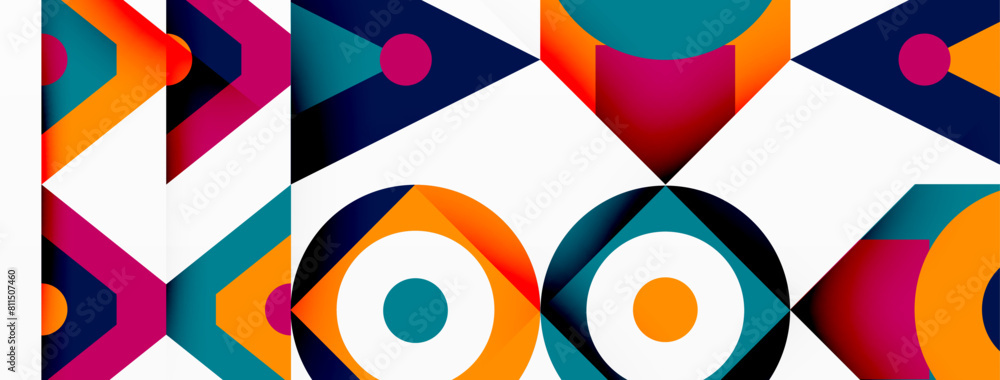 Aufkleber A vibrant textile art piece featuring a colorful geometric pattern of arrows and circles, with red tints and shades, creating symmetry and creativity on a white rectangle background
