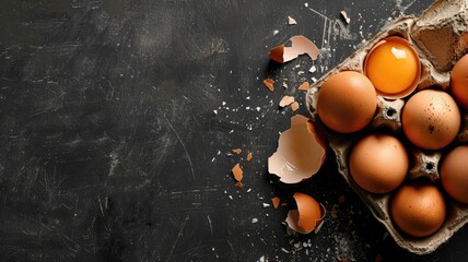 Brown eggs in carton, one cracked open with yolk exposed on dark surface - Powered by Adobe