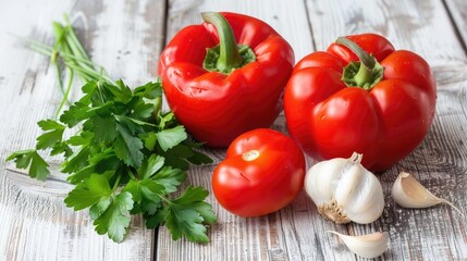 Red bell pepper tomatoes garlic and parsley on a backdrop of white wood