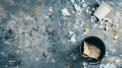 Overhead view of messy floor with scattered papers and tipped-over trash bin