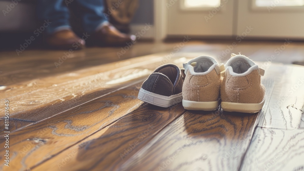 Wall mural Toddler shoes on wooden floor with adult standing in background