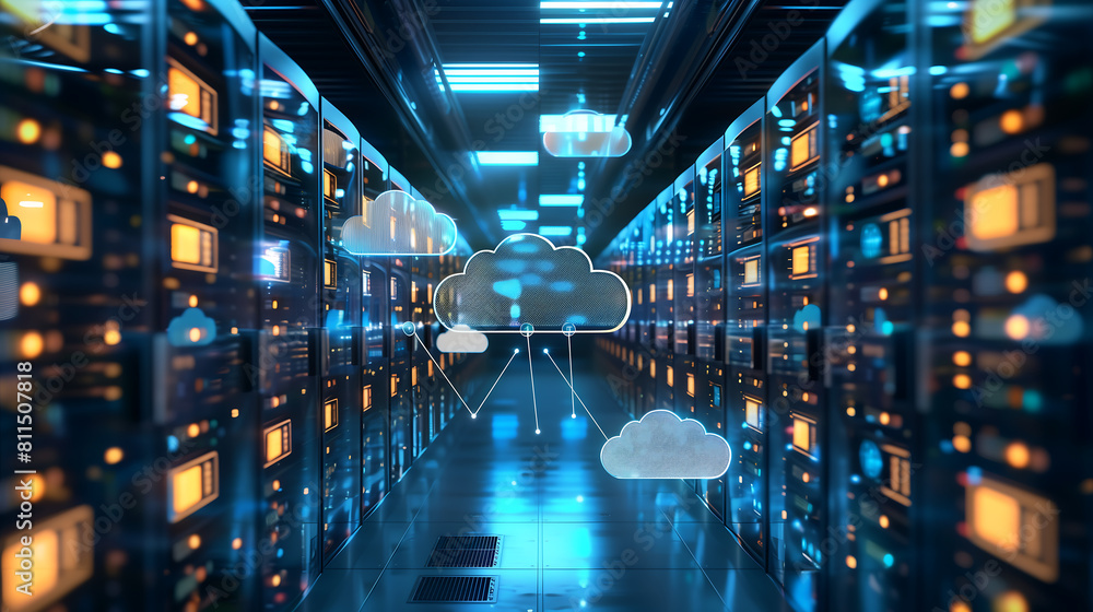 Poster digital blue cloud security and data protection concept with padlock icon on virtual background of s