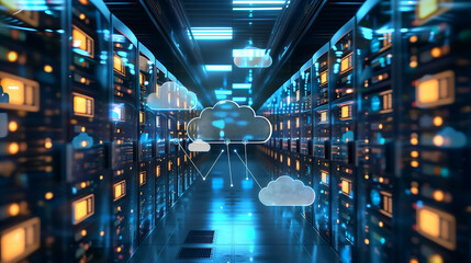 Digital blue cloud security and data protection concept with padlock icon on virtual background of server room in a modern technology information system