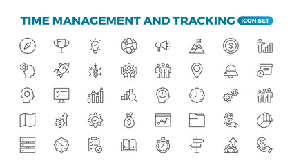 Business and management line icons set. Management icon collection. Project management icon collection. Time management and planning concept. Outline icon set.