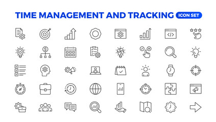 Business and management line icons set. Management icon collection. Project management icon collection. Time management and planning concept. Outline icon set.