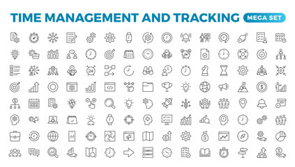 Business and management line icons set. Management icon collection. Project management icon collection. Time management and planning concept. Outline icon set.