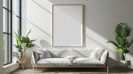 "Frame Template, A4 Paper Size. Living Room Poster Preview. Interior Setup with House Background. Contemporary Home Styling. 3D Rendering."