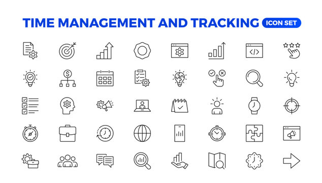 Business and management line icons set. Management icon collection. Project management icon collection. Time management and planning concept. Outline icon set.