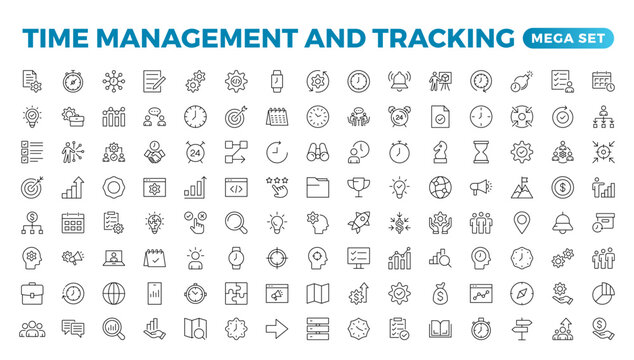 Business and management line icons set. Management icon collection. Project management icon collection. Time management and planning concept. Outline icon set.