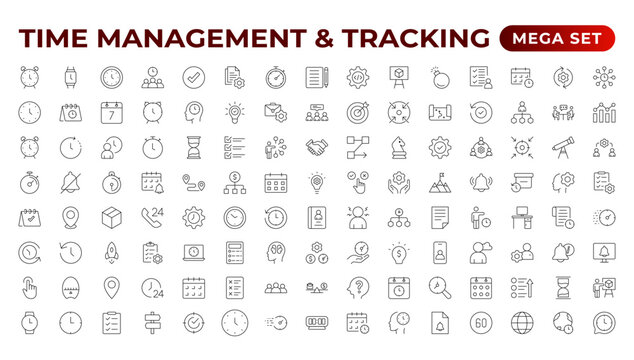 Business and management line icons set. Management icon collection. Project management icon collection. Time management and planning concept. Outline icon set.