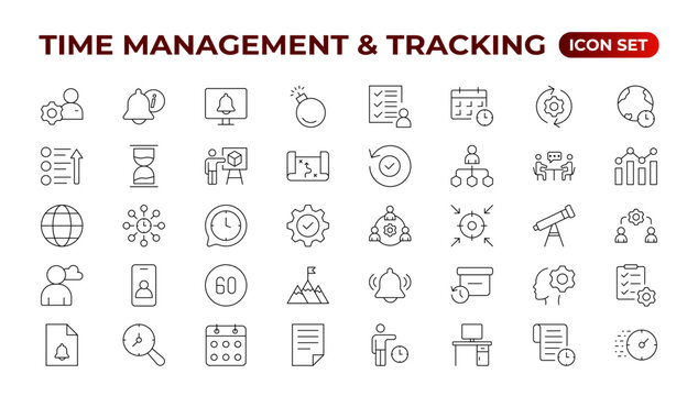 Business and management line icons set. Management icon collection. Project management icon collection. Time management and planning concept. Outline icon set.