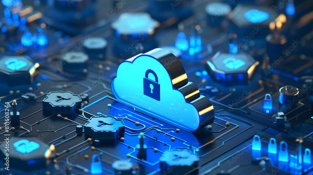 Poster illuminated circuit board with a blue cloud and lock icon, symbolizing secure cloud storage in advan