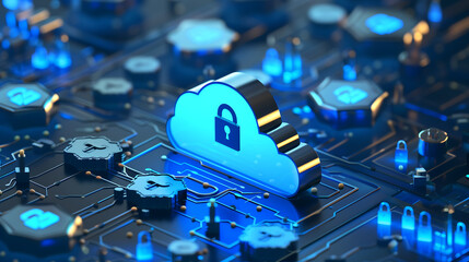 illuminated circuit board with a blue cloud and lock icon, symbolizing secure cloud storage in advanced technology