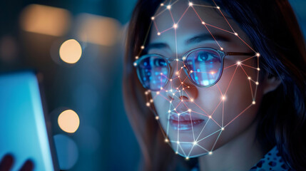 closeup of an Asian woman face with glasses, using facial recognition technology on her phone, digital lines connecting dots and shapes across her face