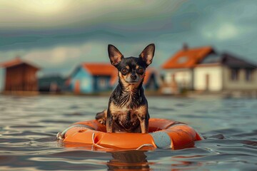 chihuahua dog sits on life preserver in water, houses in water - Powered by Adobe