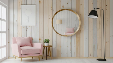 Scandinavian interior with birch walls, round mirror, and simple black lamp in 3D.