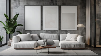 "Frame Template, A4 Paper Size. Living Room Poster Preview. Interior Setup with House Background. Contemporary Home Styling. 3D Rendering."