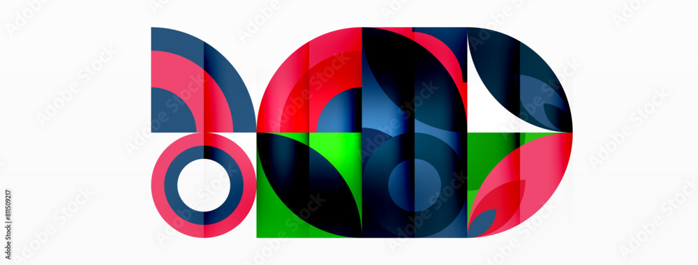 Poster a vibrant logo featuring circles and triangles in electric blue and magenta colors on a white backgr