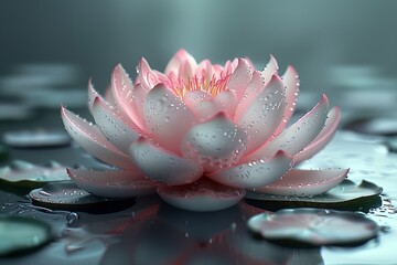 a pink lotus flower with water droplets on it's petals is floating on a water surface - obrazy, fototapety, plakaty