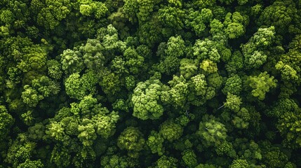Naklejka premium From an aerial perspective lush green trees thrive in the heart of the forest Captured by a drone this dense canopy not only captivates the eye but also acts as a powerful ally in absorbing