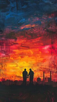 Silhouetted couple walking in vibrant dramatic sunset landscape with fiery sky and moody atmosphere