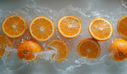 Flat top view of freshly cut orange being dropped in a container of a shallow water, creating beautiful splashes and ripples on a white background
