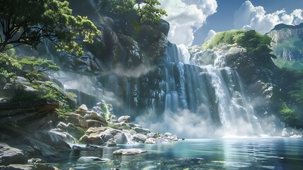 A majestic waterfall cascading down rugged cliffs into a crystal-clear pool below.