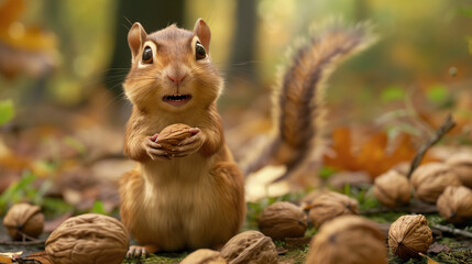 Obraz premium squirrel in the park brown yellow animal carry nut or eat 