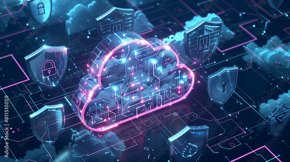 Poster cloud security shield icons on digital background, data protection concept of online technology netw