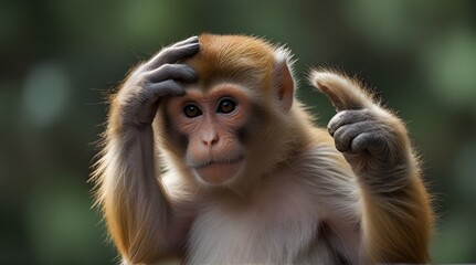 Focus shot of a cute rhesus monkey thinking about what happened.generative.ai 