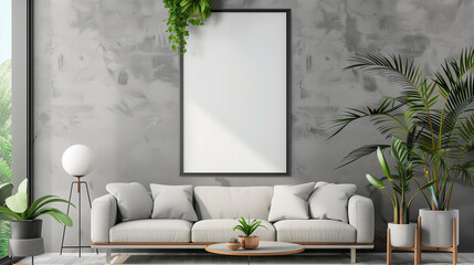 "Frame Template, A4 Paper Size. Living Room Poster Preview. Interior Setup with House Background. Contemporary Home Styling. 3D Rendering."