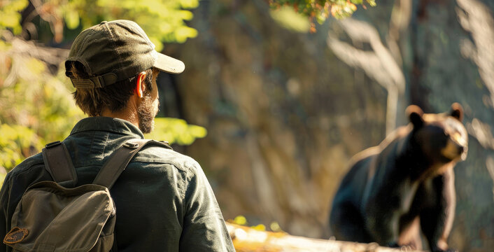 Person in cap facing bear woods