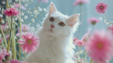 white cat gorgous eye and pink flowers