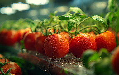 Closeup of red cherry tomatoes grown inside a greenhouse on an aeroponics and hydroponics setup with grow lights