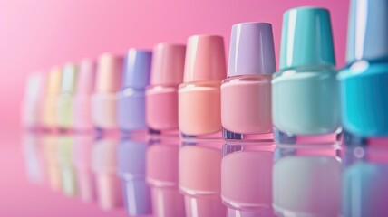 Row of colorful nail polish bottles on reflective surface against pink backdrop