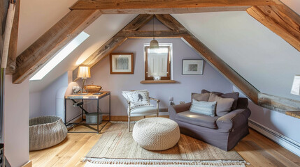 Light lavender attic studio with rustic beams and snug, modern furnishings.