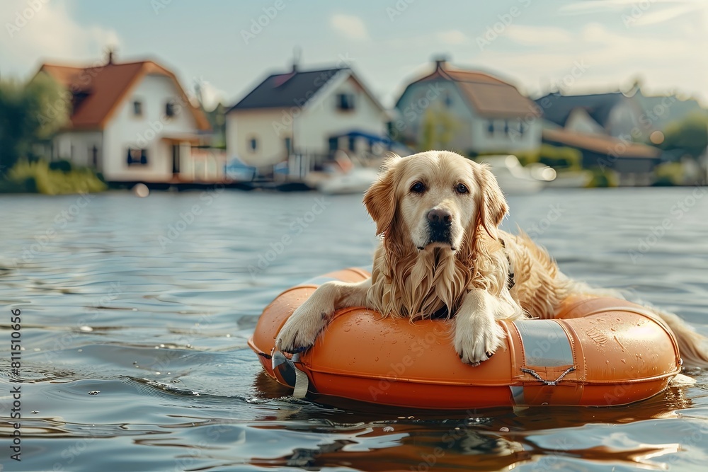 Poster golden retriever dog sits on life preserver in water, houses in water