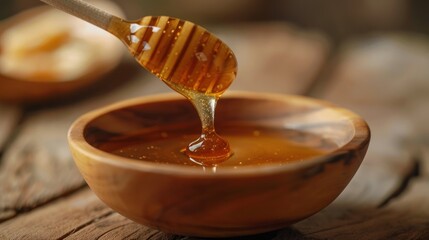 Honey dripping from a honey stick into a beautifully shaped bowl on a wooden table AI generated