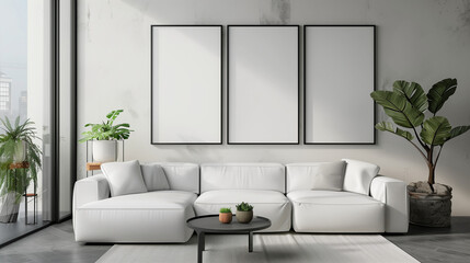 "Frame Template, A4 Paper Size. Living Room Poster Preview. Interior Setup with House Background. Contemporary Home Styling. 3D Rendering."