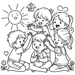 Happy children's day  hand drawn children's playing  coloring page  art