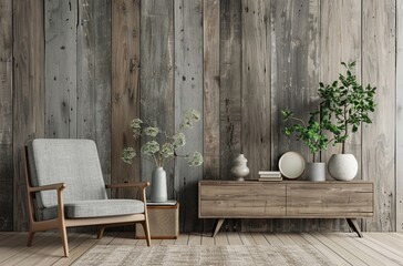 Modern interior design with wall art in the style of textured wood grain, minimalist sideboard and armchair