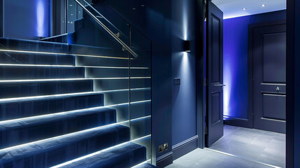Modern staircase with deep blue walls, a clear glass railing, and LED lights underneath.