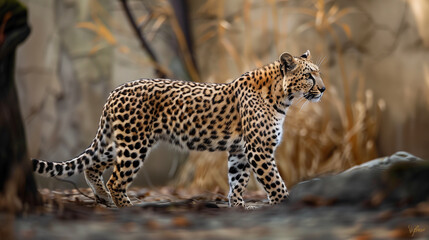 Obraz premium leopard on the rock in tree yellow black dot health 