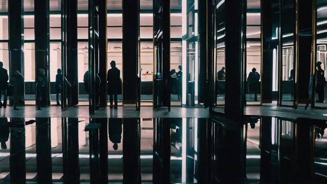 People in a modern airport onboarding, modern day architecture of a bank interior office building, people and a glass made house interio Generative AI