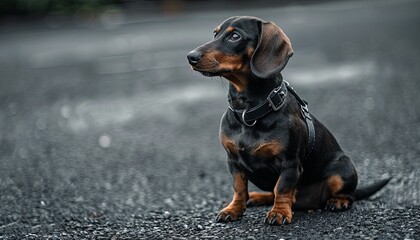 picture of a cute sausagedog dog from the side in the city