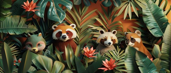 Design a playful scene of animals peeking through lush jungle leaves