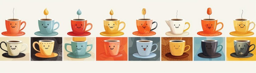 Obraz premium A variety of coffee cups are arranged in a grid. The cups are of different colors and sizes.