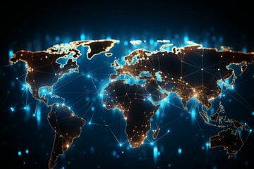 Abstract global network concept with a blue earth and glowing connection lines depicting business data transfer across the world wide web on a dark background. Generative ai