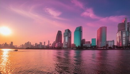 city skyline at sunset, sunset over the city, person in the city, Visualize a person's silhouette in front of a computer, with a vibrant cityscape or coding symbols projected onto the screen